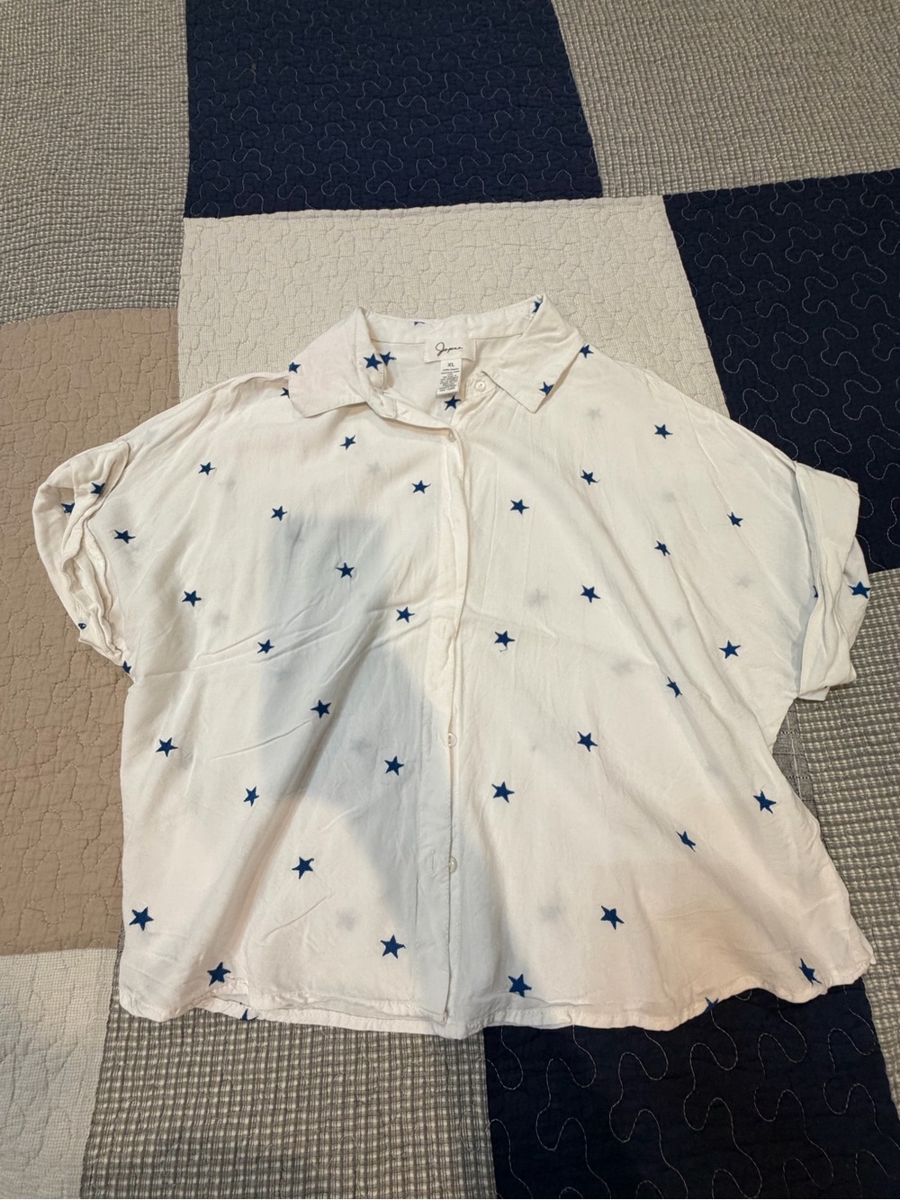 Japna White Button-Down Top with Navy Star Print